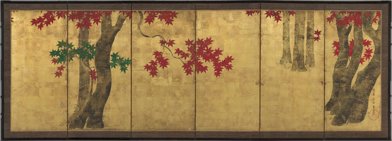 An 18th-century hanging scroll by Tawaraya Sōri depicting autumn maple trees. The artwork captures the vibrant colors of the fall season, with vivid red and orange leaves set against a serene, minimalist landscape typical of Japanese ink painting.