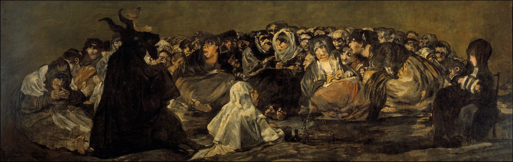 Large mural painting depicting a dark gathering of witches around a goat figure, representing themes of superstition and the supernatural, by Francisco de Goya.