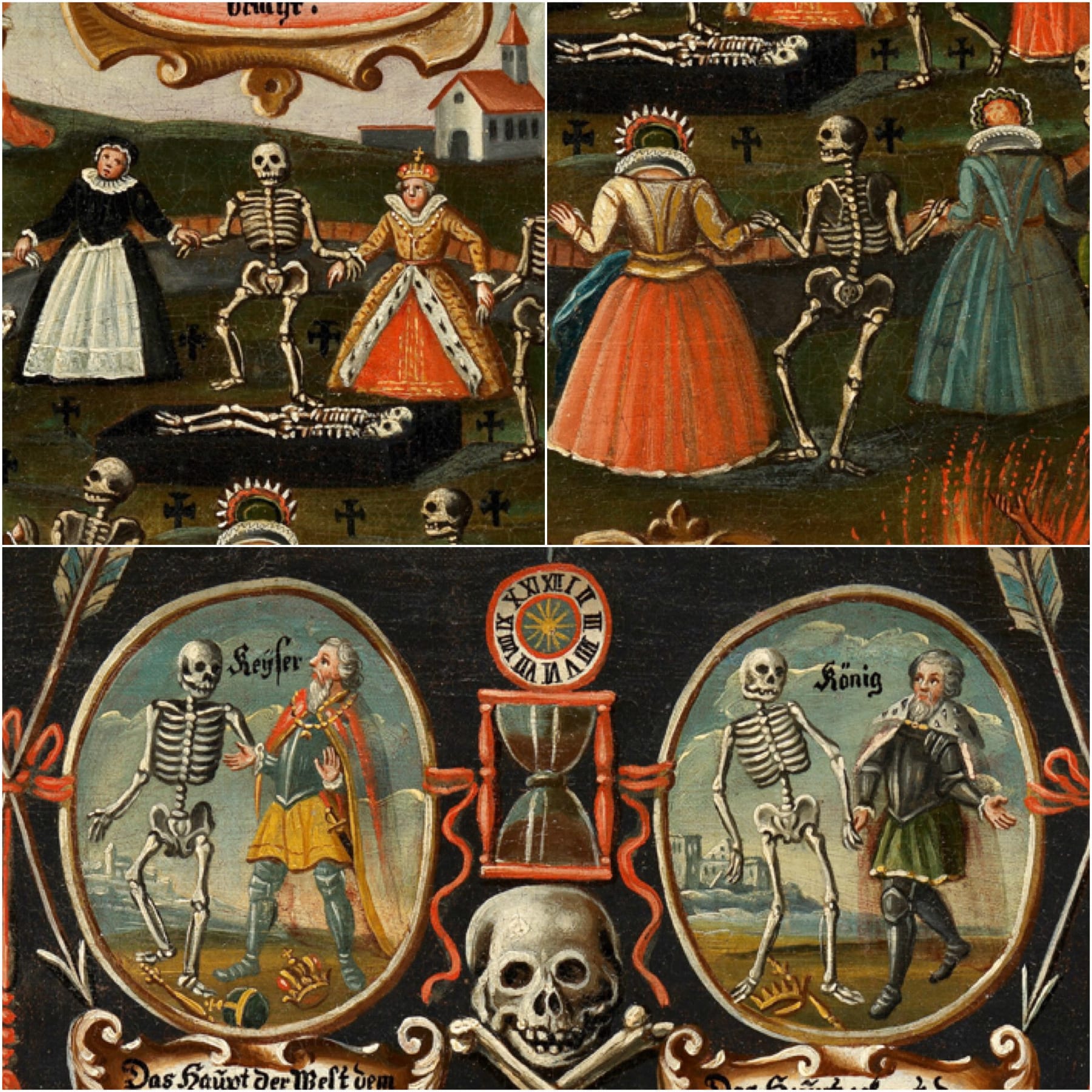 An 18th-century painting depicting the Dance Macabre, showcasing skeletal figures dancing with the living, symbolizing the universality of death and the fleeting nature of life.