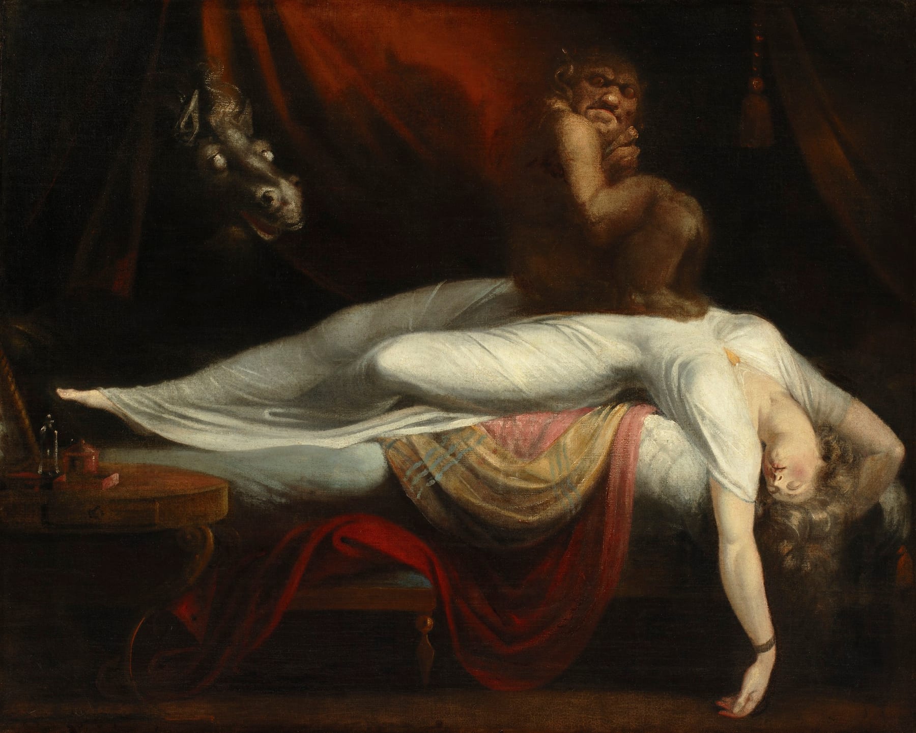 Henry Fuseli (1741–1825) The Nightmare 1781 Oil on canvas. Oil painting depicting a woman in a deep sleep, with a menacing incubus perched on her chest and a ghostly horse looming in the background, illustrating themes of fear and the subconscious.