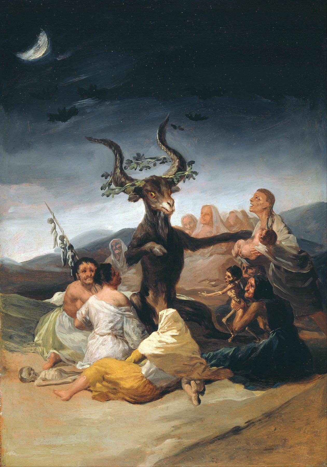 Oil painting depicting a gathering of witches around a large goat figure, symbolizing dark themes of superstition and fear of the supernatural, by Francisco de Goya.
