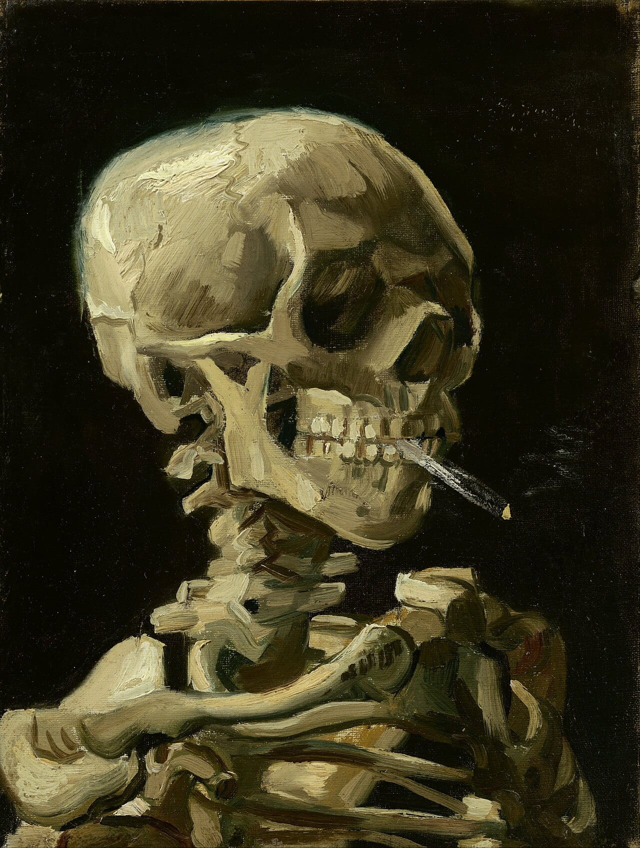 Vincent Van Gogh: Head of a skeleton burning cigarette. A skeleton, turned 45 degrees to the right and rendered only from shoulders and above. The skull clenches a lit cigarette between its teeth. The painting is rendered in somber tones of ivory, brown, and black, in thick yet detailed brushstrokes that reveal the texture of the canvas in places.