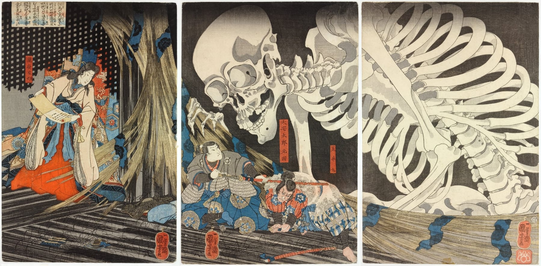 Mitsukuni Defying the Skeleton Ghost, Kuniyoshi. Woodblock print depicting Mitsukuni confronting a skeletal ghost, showcasing Kuniyoshi's dynamic style and themes of bravery and the supernatural in Japanese folklore.
